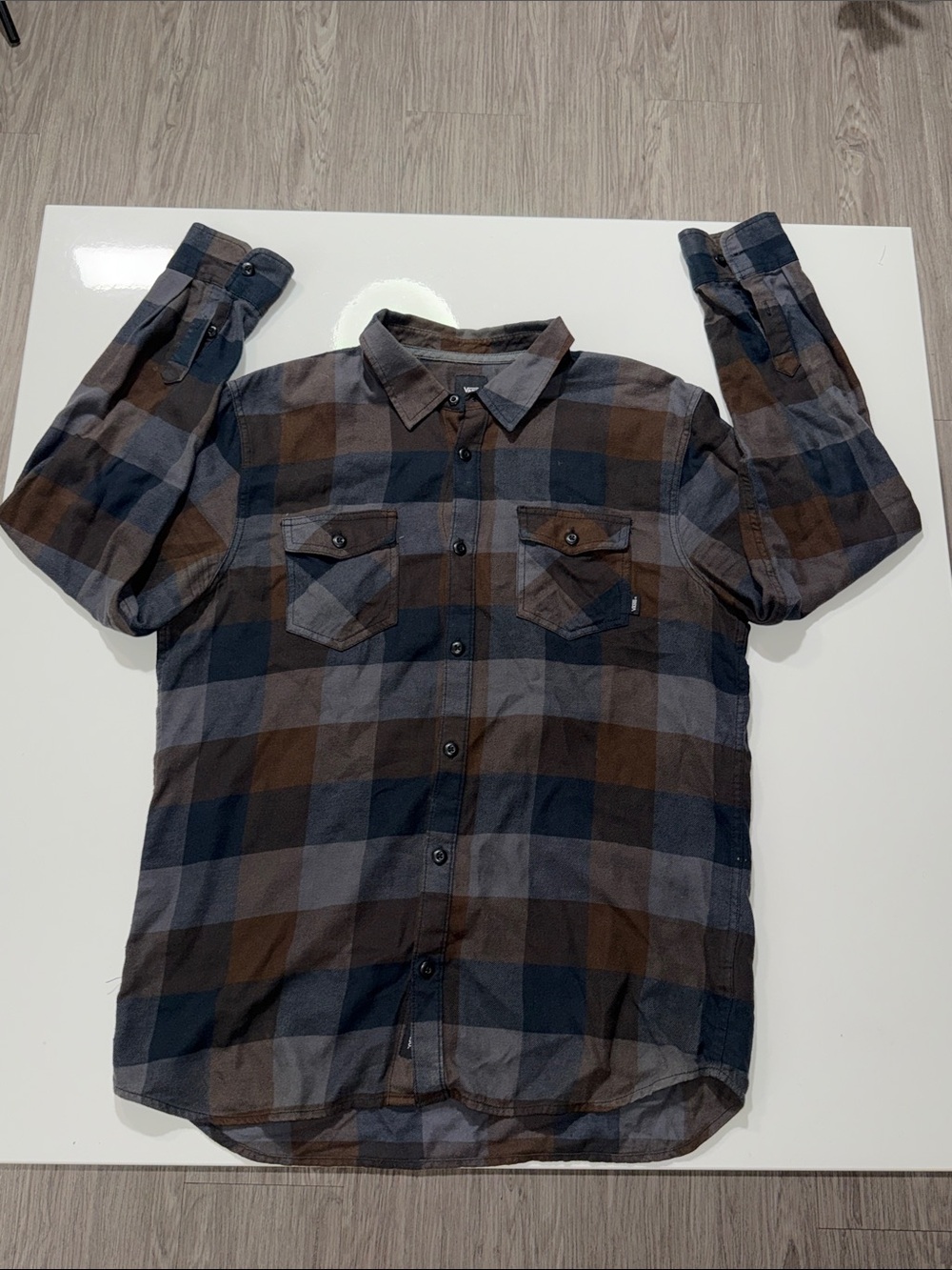 Vans Men's Brown and Gray Plaid Button-Down Shirt